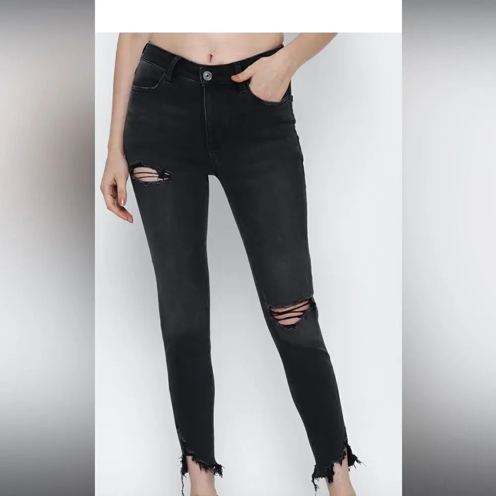 American Eagle Hi-Rise Jegging Black Distressed Raw Hem Jeans 14‎ X-Long 32W